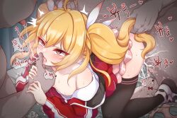 1girl absurdres after_kiss ahoge all_fours black_thighhighs blonde_hair blue_archive blush breasts breasts_out collarbone cum cum_in_pussy cum_overflow daram_(shappydude) doggystyle dot_nose drooling fat fat_man grabbing_another&#039;s_hair grabbing_another&#039;s_hand group_sex hair_between_eyes hetero highres jacket kneehighs korean_text long_hair md5_mismatch mmf_threesome multiple_boys nipples no_bra pink_skirt pleated_skirt red_jacket saliva saliva_trail sex sex_from_behind sidelocks size_difference skirt small_breasts socks sound_effects sweat tearing_up thighhighs threesome tongue tongue_out translation_request twintails vaginal yellow_eyes yoshimi_(blue_archive)