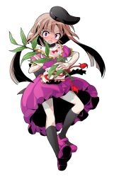 Rule 34 | 1girl, alphes (style), apron, bare arms, black hat, black socks, bow, buttons, capelet, closed mouth, commentary request, dairi, dress, frilled apron, frilled dress, frilled sleeves, frills, full body, hat, holding, kneehighs, leaf, long hair, looking at viewer, mary janes, myouga (plant), nishida satono, parody, puffy short sleeves, puffy sleeves, purple dress, purple eyes, purple shoes, red bow, red ribbon, ribbon, shoes, short hair with long locks, short sleeves, sidelocks, smile, socks, solo, style parody, tachi-e, tareme, tassel, tate eboshi, touhou, transparent background, turtleneck, white apron, white capelet