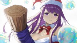 1girl blunt_bangs breasts bubble christmas cleavage closed_mouth commentary dress fern_(sousou_no_frieren) fur-trimmed_dress fur-trimmed_headwear fur_trim hat highres holding holding_staff jchoy large_breasts looking_at_viewer mage_staff mixed-language_commentary purple_eyes purple_hair purple_pupils red_dress red_hat santa_costume santa_dress santa_hat smile solo sousou_no_frieren staff