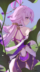 Rule 34 | 1girl, absurdres, ai dongdong, backless dress, backless outfit, bare shoulders, bow-shaped hair, bridal gauntlets, chinese hairpin, closed mouth, dress, floating hair, from behind, fu xuan (honkai: star rail), highres, honkai: star rail, honkai (series), long hair, looking to the side, pink hair, short sleeves, solo, standing, very long hair, white bridal gauntlets, yellow eyes