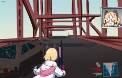 Rule 34 | 1girl, animal ear headphones, annoyed, blue archive, bridge, car, cat ear headphones, crack, cracked glass, cracked window, day, fake animal ears, formerly, from behind, gun, headphones, holding, holding gun, holding rifle, holding weapon, jacket, long sleeves, meme, momoi (blue archive), motor vehicle, orange hair, pewdiepie&#039;s pubg livestream n-word controversy (meme), playerunknown&#039;s battlegrounds, racist momoi (meme), reaction, rifle, short hair, solo, sweatdrop, weapon, wide shot