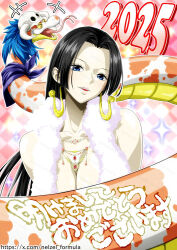 Rule 34 | 1girl, 2025, black hair, blue eyes, boa hancock, breasts, commentary request, earrings, fur shawl, jewelry, large breasts, long hair, looking at viewer, necklace, nel-zel formula, one piece, open mouth, salome (one piece), shawl, skull on head, snake, snake earrings, teeth, upper teeth only