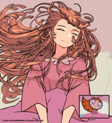 Rule 34 | 1girl, absurdres, apoloniodraws, blossom (ppg), buttercup redraw challenge (meme), closed eyes, derivative work, eyelashes, hair spread out, highres, long hair, meme, orange hair, pajamas, pink pajamas, powerpuff girls, screenshot redraw, smile, solo, wavy hair