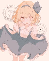 1girl absurdres alice_margatroid alice_margatroid_(pc-98) analog_clock blonde_hair blue_dress blue_hairband clock curtsey dress hairband highres iris-san looking_at_viewer roman_numeral shirt short_hair short_sleeves smile solo touhou touhou_(pc-98) white_shirt