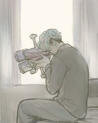 Rule 34 | 1boy, beam cannon, challia bull, grey hair, gundam, gundam gquuuuuux, kikeroga (gquuuuuux), matsuki (mtkqu6x), mecha, miniature, mobile armor, robot, short hair, sitting, spacecraft, window