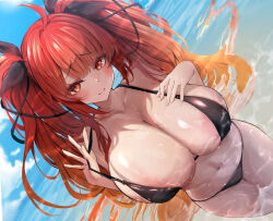 1girl areola_slip azur_lane bare_arms bare_shoulders bikini black_bikini black_ribbon blush breasts cleavage closed_mouth hair_between_eyes hair_ribbon hand_on_own_chest highres honolulu_(azur_lane) huge_breasts large_areolae long_hair looking_at_viewer navel ocean raru_(nanaharararu) red_eyes red_hair ribbon sidelocks smile solo stomach swimsuit twintails