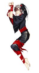 Rule 34 | 1boy, arms up, barefoot, black hair, black hanfu, black pants, bound, bound arms, bound legs, bound wrists, brown hair, chinese clothes, closed mouth, full body, hair between eyes, hair tie, hanfu, highres, jujeop, korean commentary, long hair, looking at viewer, lying, male focus, modao zushi, on side, pants, ponytail, red eyes, red ribbon, red sash, ribbon, ribbon bondage, robe, sash, sidelocks, simple background, smile, solo, wei wuxian, wet, white background, wide sleeves