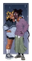 2girls aika_(kiana_mai) black_hair blonde_hair dark-skinned_female dark_skin freckles glasses grin hand_on_own_hip highres i_don&#039;t_want_to_be_a_magical_girl looking_at_viewer multiple_girls shoes shorts skipppppy skirt smile sneakers star_hair_bun zira_(kiana_mai)