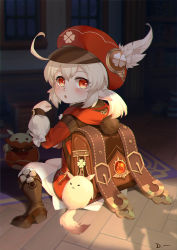1girl absurdres ahoge backpack bag blurry bookshelf boots brown_boots cabbie_hat cameo clover_print coat commentary_request depth_of_field dodoco_(genshin_impact) from_behind genshin_impact hair_between_eyes hat hat_feather hat_ornament highres hood hooded_coat jean_(genshin_impact) jumpy_dumpty klee_(genshin_impact) knee_boots kneehighs light_brown_hair linreplica long_hair long_sleeves looking_at_viewer looking_back low_twintails orange_eyes parted_lips pointy_ears randoseru red_coat red_hat shadow sidelocks sitting socks solo twintails vision_(genshin_impact) wariza