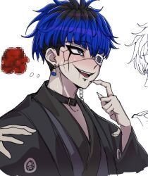 1boy animal_print black_choker black_hair blue_hair blush censored chamuchai chin_piercing choker cracked_skin drooling earrings eye_print eyepatch face_piercing fingernails grey_eyes highres japanese_clothes jewelry male_focus mosaic_censoring multicolored_hair omokage_yugamu piercing print_eyepatch saliva sharp_fingernails short_hair simple_background sketch smile solo speech_bubble spider_print sweat the_hundred_line_-last_defense_academy- thought_bubble tongue upper_body white_background