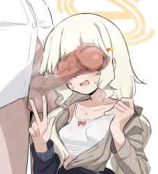 1boy 1girl aoba_(blue_archive) blonde_hair blue_archive blush breasts brown_shirt camisole censored center_opening commentary_request donutman halo hetero long_hair long_sleeves mosaic_censoring open_mouth penis_on_face shirt simple_background small_breasts sweat testicles w white_background white_camisole white_shirt yellow_halo