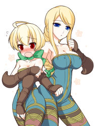 1boy 1girl agrias_oaks ahoge bare_shoulders blonde_hair blue_eyes blush bodysuit braid breasts bursting_breasts bustier cadd_kiriyama cleavage cloak cosplay covering_privates crossdressing final_fantasy final_fantasy_tactics hair_bow large_breasts long_hair monk monk_(fft) open_mouth puffy_chest ramza_beoulve red_eyes short_hair trap