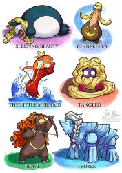 :o ariel_(disney) arrow_(projectile) aurora_(disney) avalugg bear blonde_hair blue_eyes bow_(weapon) braid brave character_name cinderella cinderella_(disney) claws copyright_name creature creatures_(company) disney elsa_(frozen) english_text eyelashes fangs fish flower frozen_(disney) game_freak gen_1_pokemon gen_2_pokemon gen_6_pokemon hair_slicked_back holding holding_bow_(weapon) holding_weapon jumping lipstick long_hair lying magikarp makeup merida nintendo no_humans on_stomach pink_flower pink_rose pokemon pokemon_(creature) pumpkaboo rapunzel rapunzel_(disney) red_hair risachantag rose sitting sleeping smile snorlax standing tangela tangled tiara ursaring water weapon white_hair