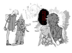 ... 1boy 3girls acheron_(honkai:_star_rail) backless_outfit bare_shoulders blade_(honkai:_star_rail) criss-cross_back-straps cropped_torso foot_against_wall foot_kabedon full_body hand_on_own_hip hands_on_another&#039;s_shoulders height_difference high_heels honkai:_star_rail honkai_(series) inset jacket jacket_on_shoulders kabedon kafka_(honkai:_star_rail) monochrome multiple_girls obi ponytail rizu033 sash scared shaded_face sparkle sparkle_(honkai:_star_rail) sweat thumbs_up translation_request twintails