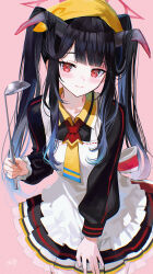 1girl absurdres apron black_hair blue_archive blue_hair blush closed_mouth commentary_request cowboy_shot demon_horns frilled_apron frills fuuka_(blue_archive) hair_on_horn halo headscarf highres holding holding_ladle horns ladle light_smile long_hair long_sleeves looking_at_viewer maria_(maria_rose) multicolored_hair necktie pink_background red_eyes short_necktie simple_background solo soup_ladle two-tone_hair white_apron yellow_headscarf
