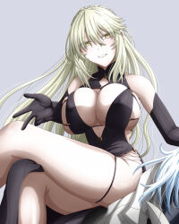 1girl artoria_pendragon_(fate) artoria_pendragon_(lancer_alter)_(fate) artoria_pendragon_(lancer_alter)_(fgo_fes._2025)_(fate) bare_shoulders black_dress black_gloves blonde_hair braid breasts cleavage dress elbow_gloves fate/grand_order fate_(series) gloves grin hair_between_eyes hasebe_akira large_breasts long_hair looking_at_viewer side_slit sidelocks sitting smile thighs yellow_eyes