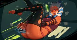 1girl absurdres ahsoka_tano alien artist_name black_thighhighs blue_eyes bone_of_arc colored_skin energy_sword facial_mark female_masturbation highres improvised_dildo improvised_sex_toy lightsaber lying masturbation object_insertion on_back one_eye_closed open_mouth orange_skin patreon_logo patreon_username pussy solo star_wars stirrup_legwear sword thighhighs toeless_legwear togruta twitter_logo twitter_username vaginal vaginal_object_insertion weapon