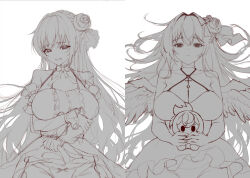 angel_wings arm_under_breasts bare_shoulders braid breasts character_doll choker cleavage clenched_teeth clothes_lift collarbone detached_sleeves disgust dorothy_(nikke) dorothy_(nostalgia)_(nikke) dress dual_persona feathered_wings frilled_dress frills goddess_of_victory:_nikke greyscale hair_bun hair_ribbon halter_dress halterneck kanon_(sinto) large_breasts long_hair looking_at_viewer monochrome official_alternate_costume panties pinne_(nikke) ribbon sketch skirt skirt_lift teeth underwear unfinished white_panties wings