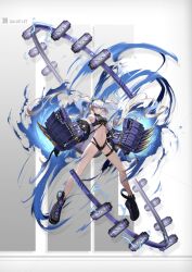 Rule 34 | 1girl, aura, bare legs, bare shoulders, bikini, black bikini, black garter belt, black jacket, black shoes, blonde hair, blue bikini, blue eyes, blue shoes, breasts, clawed gauntlets, commentary, crossed bangs, english text, full body, garter belt, gauntlets, glint, glowing, glowing eyes, gluteal fold, grey background, hair between eyes, hair ornament, hairclip, halterneck, highres, huge weapon, jacket, legs, long hair, looking at viewer, mechanical arms, medium breasts, morros, multi-strapped bikini bottom, multicolored bikini, multicolored shoes, navel, off shoulder, original, parted lips, pouch, power fist, shoes, simple background, sneakers, solo, stomach, swimsuit, tekkou-chan (morros), thigh pouch, thigh strap, thighs, twintails, two-tone bikini, two-tone shoes, very long hair, weapon