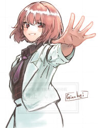 1girl artist_name belt black_belt black_shirt blush breasts checkered_clothes checkered_shirt collared_shirt commentary_request cowboy_shot cross cross_print ginnkei hair_between_eyes hand_up highres horikawa_raiko jacket lapels long_sleeves looking_at_viewer medium_breasts necktie open_clothes open_jacket purple_necktie red_eyes red_hair shirt short_hair simple_background skirt smile solo standing teeth touhou watermark white_background white_jacket white_skirt
