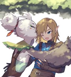 2boys beak bird_boy blonde_hair closed_eyes fingerless_gloves furry furry_male gloves highres hug link multiple_boys nintendo one_eye_closed pointy_ears rito smile tere the_legend_of_zelda the_legend_of_zelda:_tears_of_the_kingdom tulin_(zelda) upper_body winged_arms wings
