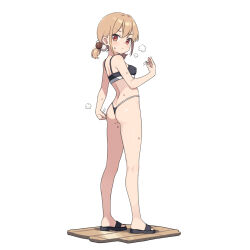 1girl ass bare_arms bare_shoulders black_panties black_sandals breasts brown_eyes brown_hair closed_mouth fanning_self from_side full_body hatsunatsu highleg highleg_panties looking_at_viewer looking_to_the_side low_twintails original panties sandals short_twintails simple_background small_breasts solo standing sweat twintails underwear v-shaped_eyebrows white_background