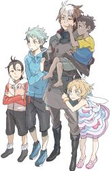 1girl 4boys animal_bag backpack bag bangle barefoot black_footwear black_hair blonde_hair blue_footwear boots bracelet brown_hair buttons carrying carrying_person cheek_pinching coat crossed_arms dark-skinned_male dark_skin double-breasted dress elbow_gloves eureka_seven eureka_seven_(series) eureka_seven_ao freckles fukai_ao full_body gloves grey_coat grey_eyes hair_between_eyes highres holding_another&#039;s_leg hood hood_down hooded_jacket jacket jewelry knee_boots linck long_sleeves looking_ahead looking_at_another maeter maurice multicolored_hair multicolored_jacket multiple_boys one_eye_closed pinching pink_shoes purple_eyes renton_thurston rueisi_(namezari) scar shirt shoes shorts simple_background sketch socks spiked_hair standing sweat t-shirt two-tone_hair two-tone_jacket two-tone_shirt white_background white_hair white_socks