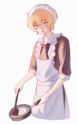 1boy alternate_costume apron ascot black_ascot blonde_hair blush buhuaixiaoguai cowboy_shot fried_egg frilled_apron frills frying_pan highres holding holding_frying_pan limbus_company looking_at_viewer maid maid_apron maid_headdress male_focus open_mouth project_moon short_hair simple_background sinclair_(project_moon) solo sweat white_apron white_background yellow_eyes