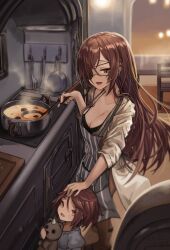 2girls anizi apron bandages breasts eyepatch highres kitchen large_breasts medical_eyepatch mother_and_daughter multiple_girls original piercing