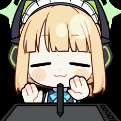 Rule 34 | 1girl, :3, animal ear headphones, animal ears, animated, animated gif, apron, aqua bow, aqua bowtie, black dress, blonde hair, blue archive, blunt bangs, blunt ends, blush stickers, bow, bowtie, cat ear headphones, cat ears, chibi, chunye haruya, closed eyes, closed mouth, collared dress, commission, contrast collar, disembodied hand, dot nose, drawing (action), drawing tablet, dress, facing viewer, fake animal ears, green eyes, green halo, halo, headphones, lowres, maid, maid apron, maid headdress, midori (blue archive), midori (maid) (blue archive), missing commentary, mundane utility, official alternate costume, official alternate hairstyle, ponytail, second-party source, short hair, sidelocks, simple background, smile, solo, stylus, telekinesis, transparent background, upper body, white apron, white headdress