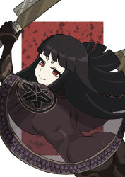 1girl absurdres ass black_dress black_hair blunt_bangs blunt_ends border cianter closed_mouth commentary dress english_commentary highres holding holding_weapon long_hair outside_border red_eyes red_pupils shin_megami_tensei shin_megami_tensei_iv_final short_eyebrows smile thick_eyebrows toki_(megami_tensei) weapon white_border