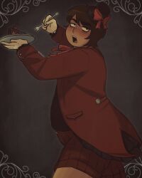 1boy absurdres annoyed blush bow bowtie brown_eyes brown_hair cake dark_skin fat fat_man food fork freckles hat hat_ribbon highres holding holding_fork holding_plate jacket keithkat male_focus medium_hair messy_hair non-web_source open_mouth original plate red_jacket ribbon sharp_teeth shorts solo taylor_thompson teeth