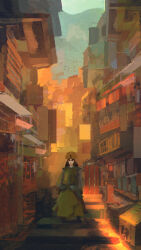 Rule 34 | 1girl, absurdres, alley, armor, arms behind back, avatar: the last airbender, avatar legends, bird, black hair, building, dkaism, facepaint, full body, headpiece, highres, japanese armor, kusazuri, kyoshi (avatar), looking at viewer, mountainous horizon, non-web source, painterly, scenery, standing