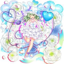 Rule 34 | 1girl, ;d, alternate costume, alternate headwear color, balloon, blue flower, blue petals, blue ribbon, blue rose, blush, breasts, cleavage, dress, falling petals, flower, footwear flower, four-finger heart hands, frilled dress, frills, full body, game cg, green eyes, green hair, hat, hat ornament, hat ribbon, heart, heart balloon, heart hands, heart hat ornament, heart of string, highres, komeiji koishi, komeiji koishi (white darkness of the earth&#039;s core), leg up, long hair, looking at viewer, off-shoulder dress, off shoulder, official art, one eye closed, open mouth, petals, ranunculus, ribbon, rose, rotte (1109), shoes, silhouette, smile, solo, third-party source, third eye, touhou, touhou lostword, transparent background, wedding dress, white dress, white flower, white hat, white shoes, wide sleeves