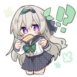 !? 1girl blue_hairband blue_pupils blue_ribbon blue_sailor_collar blue_skirt blush bow bowtie bread bread_slice buttons checkered_clothes checkered_skirt double-breasted firefly_(honkai:_star_rail) firefly_(spring_missive)_(honkai:_star_rail) flower food food_in_mouth green_bow green_bowtie hair_ornament hair_ribbon hairband honkai:_star_rail honkai_(series) long_hair mouth_hold multicolored_eyes pleated_skirt ribbon sailor_collar shio_kuzumochi simple_background skirt solo thighhighs toast toast_in_mouth two-tone_eyes white_background white_thighhighs