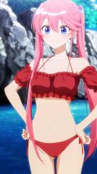 anime_screenshot arms_on_waist belly bikini bra breasts cleavage medium_breasts midriff navel panties red_bikini red_bra red_panties shiunji-ke_no_kodomotachi shiunji_ouka stitched stomach swimsuit third-party_edit twintails underwear