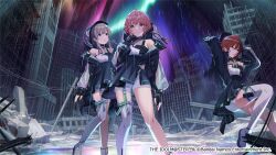 aketa_mikoto bare_shoulders black_gloves building fingerless_gloves gloves idolmaster idolmaster_shiny_colors ikuta_haruki key_visual long_hair multiple_girls official_art promotional_art purple_eyes rain red_eyes see-through_clothes socks white_socks yellow_eyes yukoku_kiriko