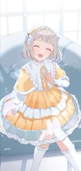 Rule 34 | 1girl, blush, bow, capelet, closed eyes, commentary, couch, dress, frilled dress, frills, gakuen idolmaster, grey hair, hairband, highres, idolmaster, katsuragi lilja, kneehighs, knees together feet apart, lolita fashion, lolita hairband, long sleeves, misuzu0342, neck ribbon, on couch, open mouth, ribbon, short hair, sitting, smile, socks, solo, symbol-only commentary, white bow, yellow dress