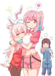 3girls ;) =_= ahoge animal_ear_headphones animal_ears between_breasts black_pantyhose blue_hair blush breasts brown_eyes brown_hair commentary_request crop_top d: fake_animal_ears hagiya_masakage hair_between_eyes hair_intakes halo head_between_breasts headphones heart highres hozuki_kaede hozuki_momiji hug large_breasts leotard long_hair looking_at_viewer midriff multicolored_hair multiple_girls navel one_eye_closed onii-chan_wa_oshimai! open_mouth oyama_mahiro pantyhose pink_hair pink_shorts playboy_bunny pointing ponytail puff_of_air puffy_short_sleeves puffy_sleeves rabbit_ears rabbit_tail red_leotard scrunchie short_hair short_ponytail short_sleeves shorts siblings side_ponytail sisters smile spoken_heart tail two-tone_hair wrist_cuffs wrist_scrunchie