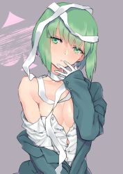 1girl ai_(kaitou_joker) bandages bare_shoulders blazer breasts buttons cleavage clothes_pull dark_eye female_focus gloves green_eyes green_hair grey_background hand_to_own_mouth jacket kaitou_joker long_sleeves looking_at_viewer matching_hair/eyes natsuhiko no_bra off_shoulder open_clothes open_jacket parted_lips shirt_pull short_hair simple_background sleeves_past_wrists solo spade unbuttoned upper_body white_gloves