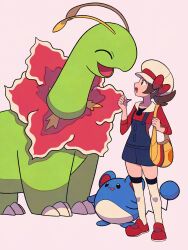 Rule 34 | 1girl, :d, bag, blue overalls, bow, brown eyes, brown hair, gen 2 pokemon, hat, hat bow, highres, looking at another, lyra (pokemon), marill, meganium, newsboy cap, nintendo, open mouth, overalls, pokemon, pokemon (creature), pokemon hgss, red bow, red shirt, red shoes, shirt, shoes, short hair, shoulder bag, smile, standing, three-quarter sleeves, twintails, tyako 089, white hat, yellow bag