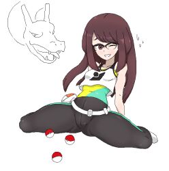 1girl black-framed_eyewear bodysuit bodysuit_under_clothes breasts brown_eyes brown_hair cameltoe charizard collarbone commentary female_protagonist_(pokemon_champions) gen_1_pokemon glasses grin leaning_back long_hair nintendo one_eye_closed poke_ball poke_ball_(basic) pokemon pokemon_champions smile socks spread_legs teeth vest waagh52 white_background white_socks white_vest