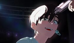 1boy 1other alien_stage black_eyes black_hair commentary gun gun_to_head headset highres holding holding_gun holding_weapon ivan_(alien_stage) male_focus microphone morse_code_commentary open_mouth red_pupils short_hair smile solo_focus very_short_hair weapon yukotze