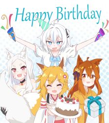 4girls absurdres animal_ears bad_id bad_pixiv_id birthday blue_eyes box brown_hair cake food fox_ears fox_girl fox_tail gift gift_box happy_birthday hat highres kitsune multiple_girls orange_hair ribbon senko_(sewayaki_kitsune_no_senko-san) sewayaki_kitsune_no_senko-san shiro_(sewayaki_kitsune_no_senko-san) sizuimikoto smile suzu_(sewayaki_kitsune_no_senko-san) tail white_background white_hair,