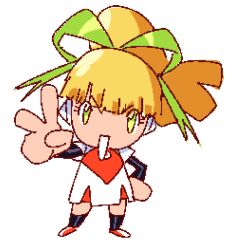 1girl :d alternate_costume android black_sleeves blonde_hair blunt_bangs chibi chibi_only dress eyelashes full_body green_eyes green_ribbon hair_ribbon hand_up high_ponytail kawoshiki layered_sleeves long_hair long_sleeves mega_man_(classic) mega_man_(series) oekaki open_mouth outstretched_hand ponytail red_dress redesign ribbon robot_ears roll_(mega_man) short_over_long_sleeves short_sleeves smile solo standing two-tone_dress v v-shaped_eyebrows white_dress