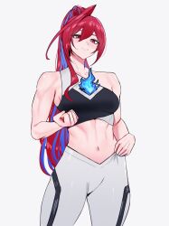 1girl abs absurdres ahoge alternate_costume blue_fire blue_hair elizabeth_rose_bloodflame fire fire_on_chest high_ponytail highres hololive hololive_english huge_ahoge long_hair midriff multicolored_hair muscular muscular_female navel ponytail red_eyes red_hair rokosannn simple_background solo two-tone_hair very_long_hair virtual_youtuber white_background