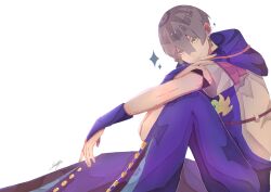 1boy bell-bottoms blue_bridal_gauntlets blue_hoodie blue_pants braid closed_mouth earrings gloves green_eyes grey_hair grey_hoodie grey_sleeves hair_between_eyes hair_ornament highres hood hood_down hoodie jewelry jodio_joestar jojo_no_kimyou_na_bouken looking_at_viewer male_focus pants r_rist short_hair short_sleeves signature single_braid sitting smile solo sparkle star_(symbol) star_hair_ornament the_jojolands two-tone_hoodie white_background wing_ornament