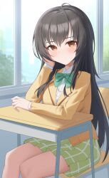 1girl absurdres black_hair blazer bow bowtie brown_eyes chair classroom collared_shirt commentary desk green_bow green_bowtie green_skirt highres jacket jei_(user_tckk7448) kotegawa_yui long_hair long_sleeves looking_at_viewer on_chair parted_lips plaid_clothes plaid_skirt pleated_skirt sainan_high_school_uniform school_chair school_desk school_uniform shirt sitting skirt solo teeth to_love-ru white_shirt window yellow_jacket