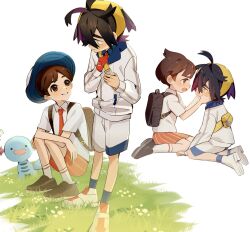2boys backpack bag brown_bag brown_eyes brown_footwear brown_hair collared_shirt commentary_request creatures_(company) crossed_bangs florian_(pokemon) game_freak gen_2_pokemon grass habu_(seiho_1334) hairband hat highres holding_strap jacket kieran_(pokemon) male_focus multiple_boys necktie nintendo orange_necktie orange_shorts pokemon pokemon_(creature) pokemon_sv school_uniform shirt shoes short_hair shorts sitting smile socks squatting white_jacket white_shirt white_shorts white_socks wooper yellow_hairband