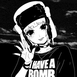Rule 34 | 1girl, blunt bangs, choker, clothes writing, cloud, commentary, commission, english commentary, fingernails, grey background, greyscale, hand up, hat, head tilt, jewelry, light blush, long fingernails, looking at viewer, monochrome, necklace, o-ring, o-ring choker, open hand, original, puriririririri, ring, second-party source, shirt, short hair, solo, tongue, tongue out, upper body, ushanka, wristband